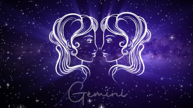 Astrological star sign for Gemini, with a shimmering symbol on a deep space background with stars in 3D space and a smooth arcing camera move, in a mystical dark purple and pink color scheme
