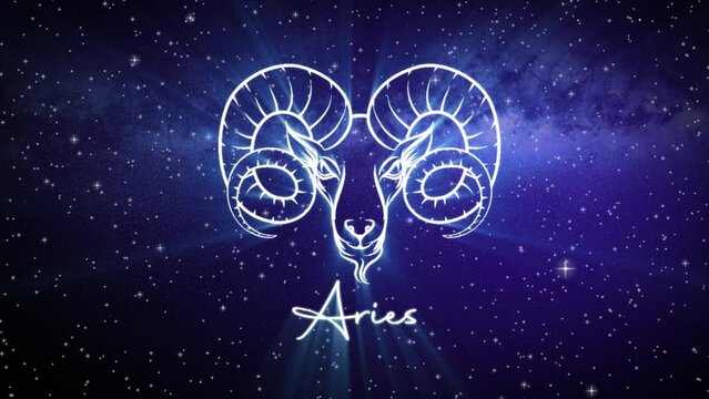 Astrological star sign for Aries, with a shimmering symbol on a deep space background with stars in 3D space and a smooth camera move slowly pushing into a close up, in dark blue and teal colors