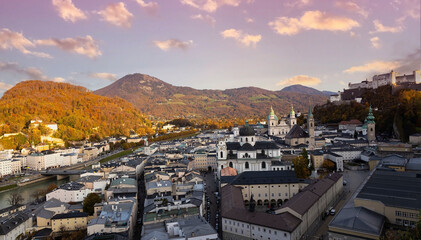 Autumn season at a historic city of Salzburg with Salzach river in beautiful sunset sky and colorful of autumn scene Salzburger Land, Austria