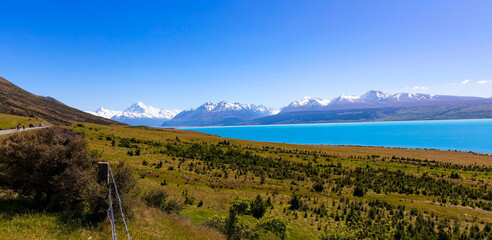 Naklejka premium The mountain landscape view of blue sky background over Aoraki mount cook national park,New zealand