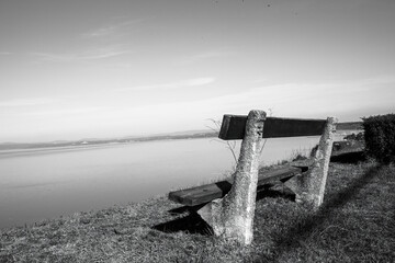 Bench on the hill,View of the Balaton lake from Balatonvilagos.Autumn season.
