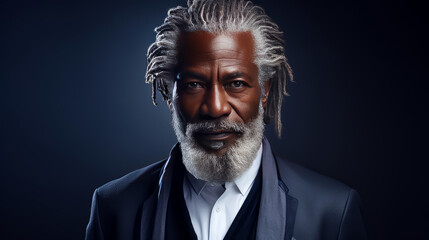 Fototapeta premium Handsome elderly black African American man with long dreadlocked hair, on a dark blue background, banner.