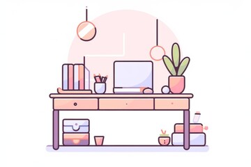A cute workplace desk with a white background, minimalistic flat style, pastel color scheme, two tone linear icon illustration