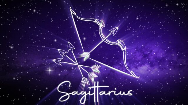 Astrological star sign for Sagittarius, with a shimmering symbol on a deep space background with stars in 3D space and a smooth arcing camera move, in a mystical dark purple and pink color scheme