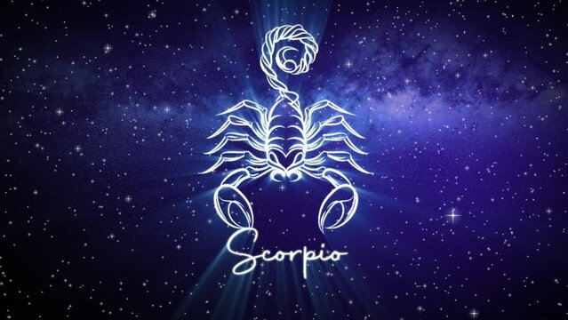 Astrological star sign for Scorpio, with a shimmering symbol on a deep space background with stars in 3D space and a smooth camera move slowly pushing into a close up, in dark blue and teal colors
