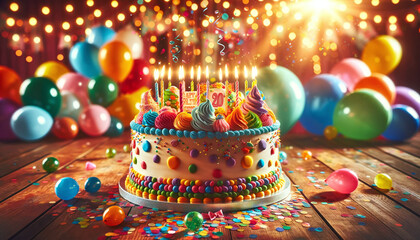Fototapeta na wymiar Colorful Birthday Cake with Balloons and Confetti