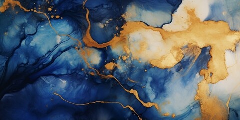 Fototapeta na wymiar アルコールインクアート風の抽象横長背景。紺色の流動体に金色の装飾
