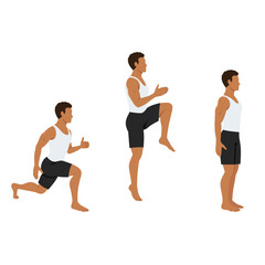 Obraz na płótnie Canvas Man doing power lunge exercise. Jump lunges. Flat vector illustration isolated on white background