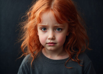 portrait of a cute sad girl with curly red hair on a dark background. negative emotions. red-haired girl 4-5 years old, ready to cry. sadness. depression