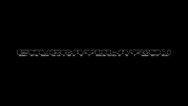 Congratulation ascii animation loop on black background. Ascii code art symbols typewriter in and out effect with looped motion.