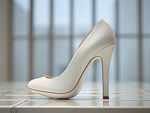 White patent leather wedding shoes. High-heeled shoes. The shoes are located on a pedestal, a detailed object isolated photo.