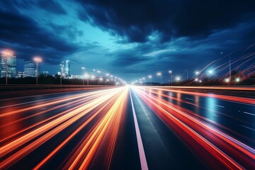 Fototapeta na wymiar Cars lights on the road at night time. Timelapse, hyperlapse of transportation. Motion blur, light trails, abstract soft glowing