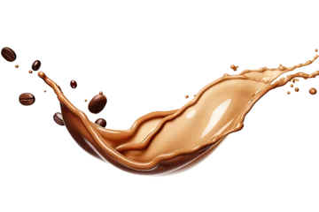 Fotobehang Milk Brown coffee liquid swirl splash and little bubbles with falling coffee Beans isolated on transparent png background, liquid fluid element flowing in form of wave. © TANATPON