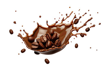 Milk Brown coffee liquid swirl splash and little bubbles with falling coffee Beans isolated on transparent png background, liquid fluid element flowing in form of wave.