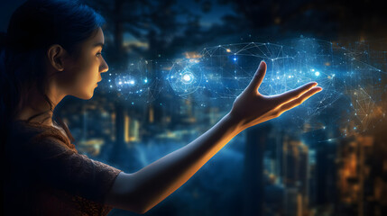 Woman hand touching The metaverse universe,Digital transformation conceptual for next generation technology era. generative AI. - obrazy, fototapety, plakaty