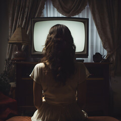 Behind view of a woman wathing the white glow of a retro style television