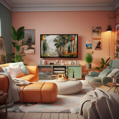 interior of living room with sofa, picture frame, lamp, flower vase, TV