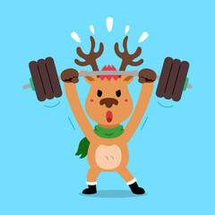 Vector cartoon character christmas reindeer doing weight training for design.