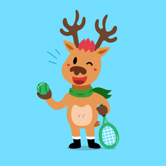 Cartoon character christmas reindeer playing tennis for design.