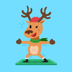 Cartoon character christmas reindeer exercising on yoga mat for design.