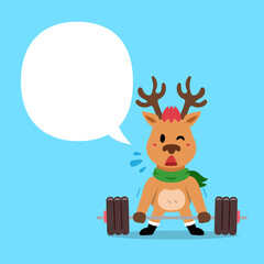 Cartoon character christmas reindeer doing barbell weight training with speech bubble for design.
