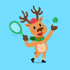 Vector cartoon character christmas reindeer playing tennis for design.