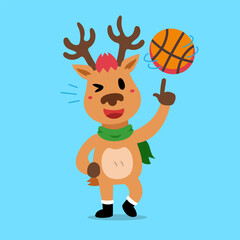 Vector cartoon character christmas reindeer playing basketball for design.