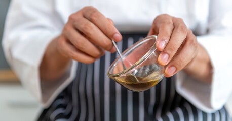 chef make tortilla wrap vegetable salad slice by knife on cutting board and mix sour salad dressing in small bowl glass with wine and olive oil. tortillas wrap vegetable and juicy liquid sour dressing