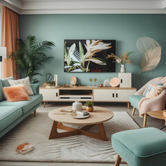 interior of living room with sofa, picture frame, lamp, flower vase, TV