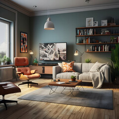 interior of living room with sofa, picture frame, lamp, flower vase, TV