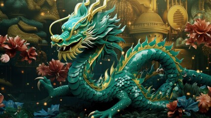Chinese emerald dragon full body figure, new year festive background
