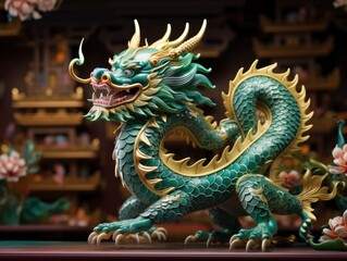Fototapeta na wymiar Chinese emerald dragon full body figure, new year festive background