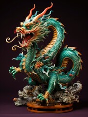 Fototapeta premium Chinese emerald dragon full body figure, vivid color background