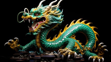 Fototapeta premium Chinese emerald dragon full body figure, vivid color background