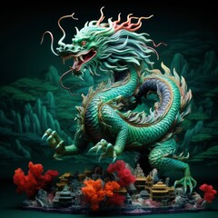 Fototapeta na wymiar Chinese emerald dragon full body figure, vivid color background