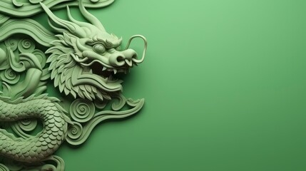 Chinese green wooden dragon, 3D minimalism style, colorful background, greeting card with free space for text - obrazy, fototapety, plakaty