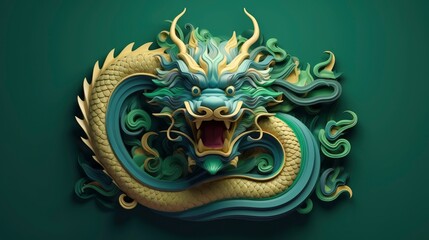Chinese green wooden dragon, 3D minimalism style, colorful background