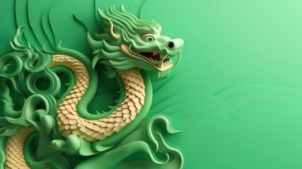 Chinese green wooden dragon, 3D minimalism style, colorful background, greeting card with free space for text
