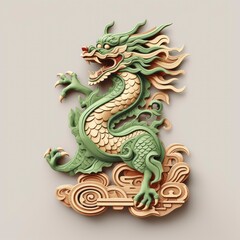 Chinese green wooden dragon figure isolated, 3D style, flat color background, greeting card