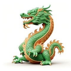 Fototapeta premium Chinese green wooden dragon figure isolated, 3D style, flat color background, greeting card