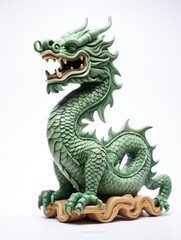 Fototapeta premium Chinese green wooden dragon full body clay figure, isolated on white background