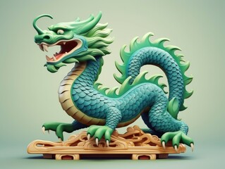 Obraz premium Chinese green wooden dragon figure isolated, 3D style, flat color background, greeting card