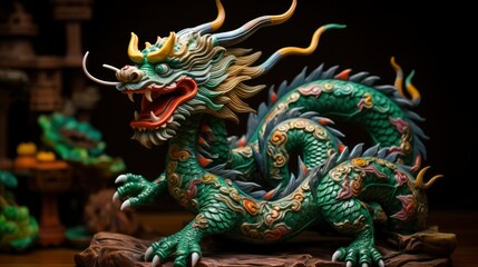 Chinese green wooden dragon full body clay figure, vivid color background