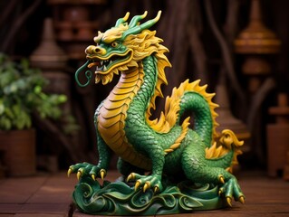 Fototapeta premium Chinese green wooden dragon full body clay figure, vivid color background