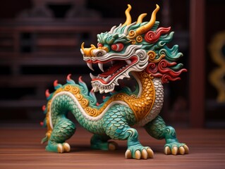 Fototapeta premium Chinese green wooden dragon full body clay figure, vivid color background