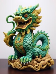 Fototapeta premium Chinese green wooden dragon full body clay figure, bright solid color background