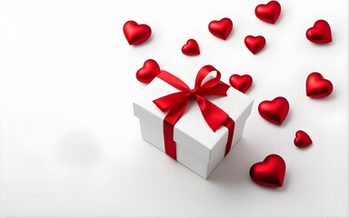 White Gift box and festive red hearts on white background.
