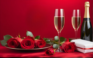 Valentines day table setting with red roses, candles and champagne glasses on red background.