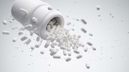 capsules with medicine fall out of the jar on a white background