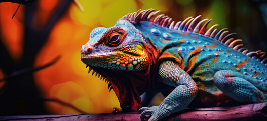 Colorful iguana resting on wood, its vibrant scales and crest contrast with the vivid background.